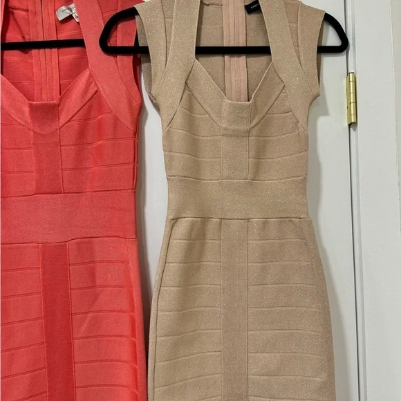 French Connection Pink and Tan Mini Bodycon Dress V-Neck Cocktail - Picture 3 of 5